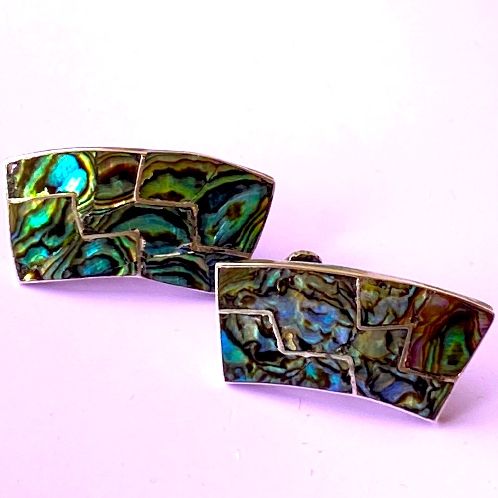Mexico sterling silver Abalone BETO signed screw back large earrings